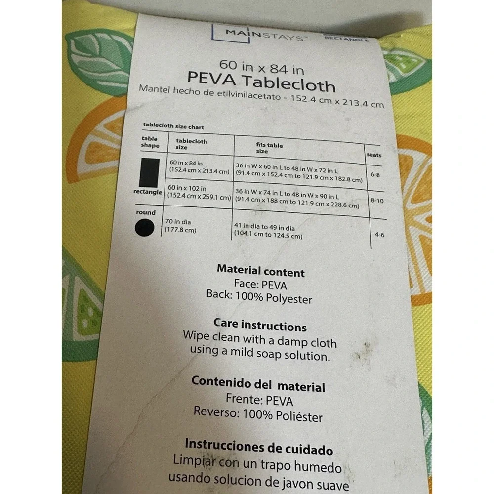MAINSTAYS peva plastic tablecloth RECTANGLE 60 IN X 84 IN fruit lemon lime orang
